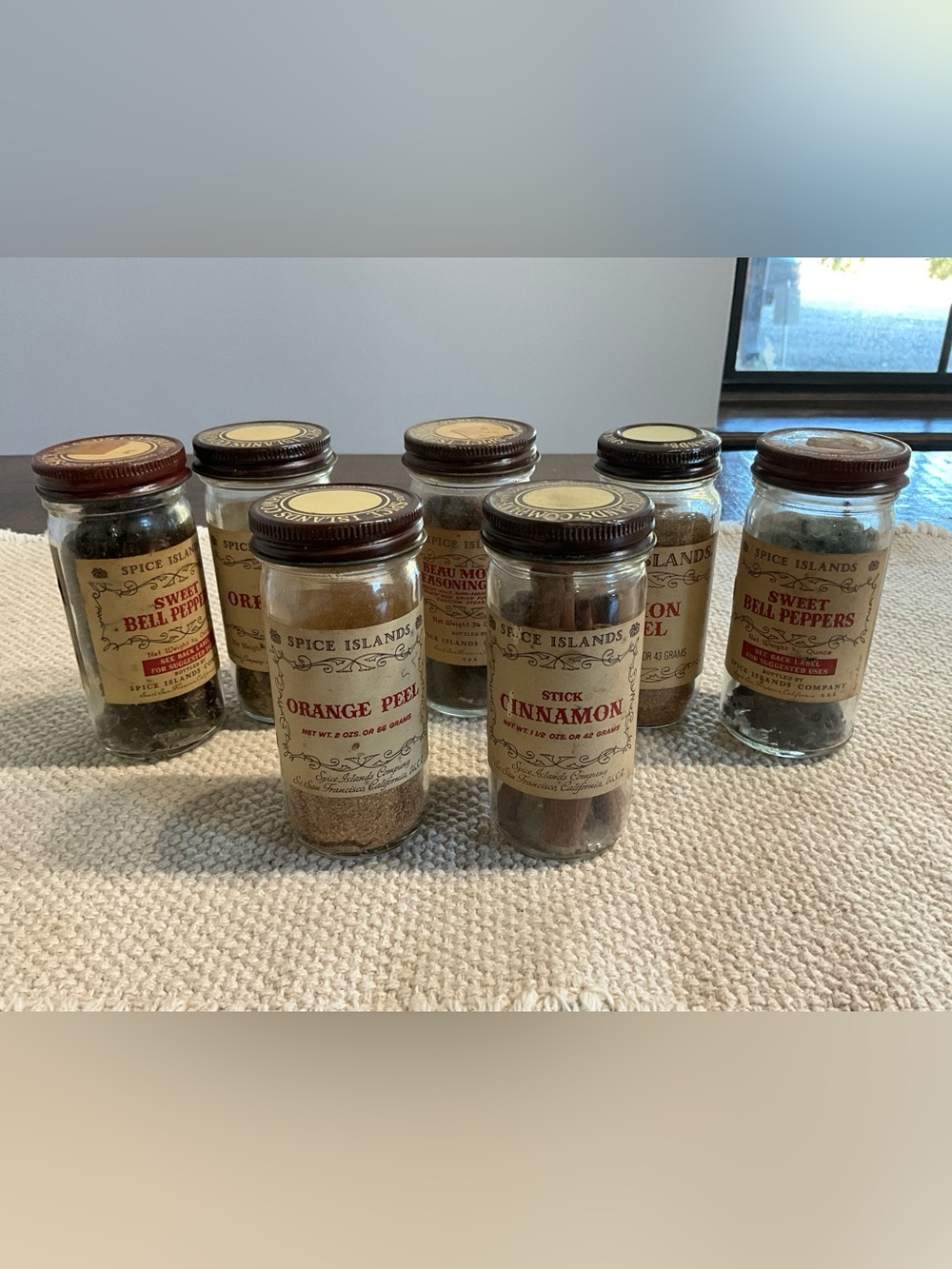 Vintage Lot of 7 Spice Islands Jars w/Lids and Contents Prop Decor MCM